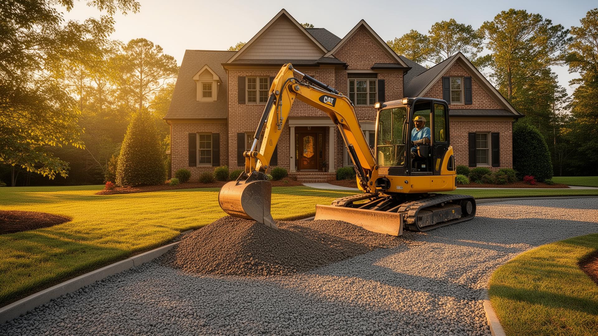 Excavator finishing a residential gravel driveway in front of a brick home